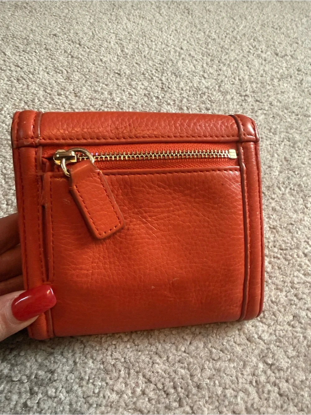 Tory Burch Bright Orange Pebbled Leather Trifold Wallet